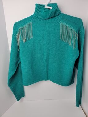 Sterling & Stitch - Teal Turtleneck Sweater with Metallic Fringe